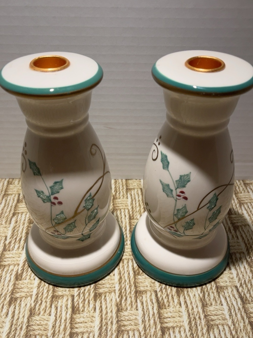 Pair Christmas Holly Ceramic Candlestick Holders 8” Teal Gold Red Berries